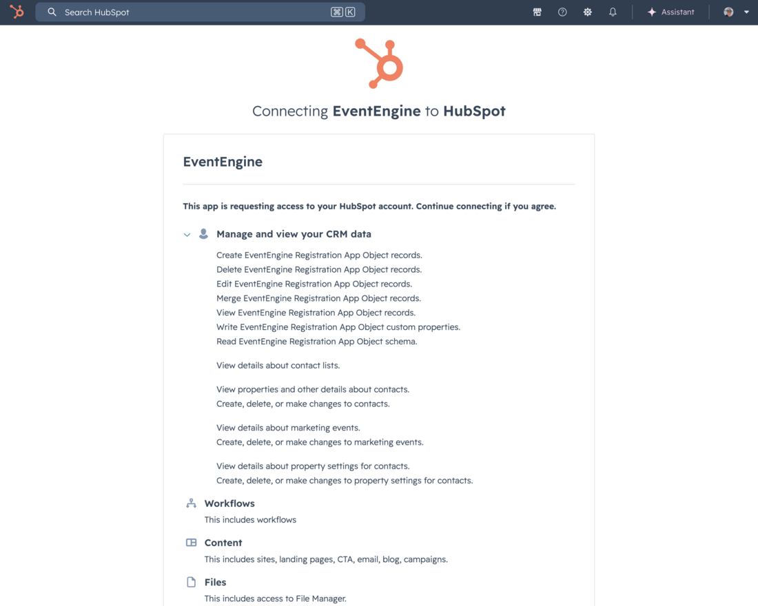 HubSpot permissions screen showing the EventEngine Registration App Object scopes