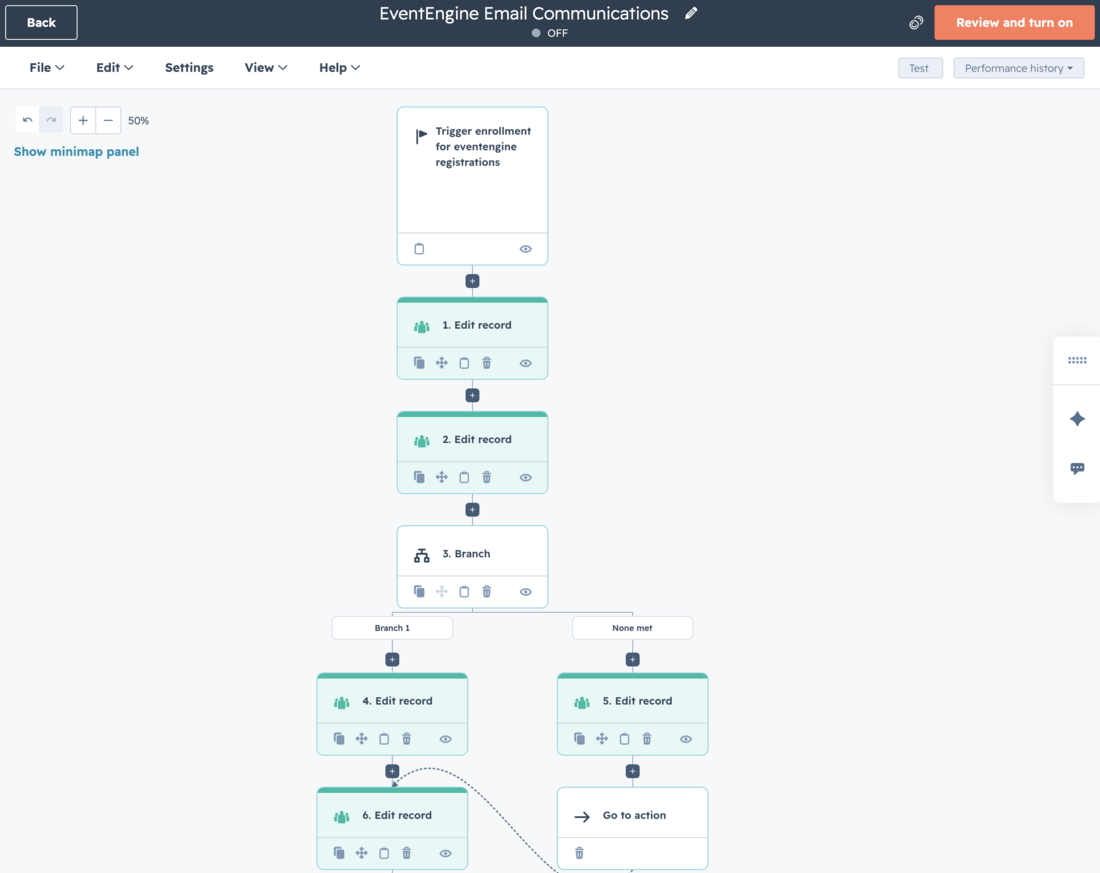EventEngine Email Communications workflow with Review and turn on