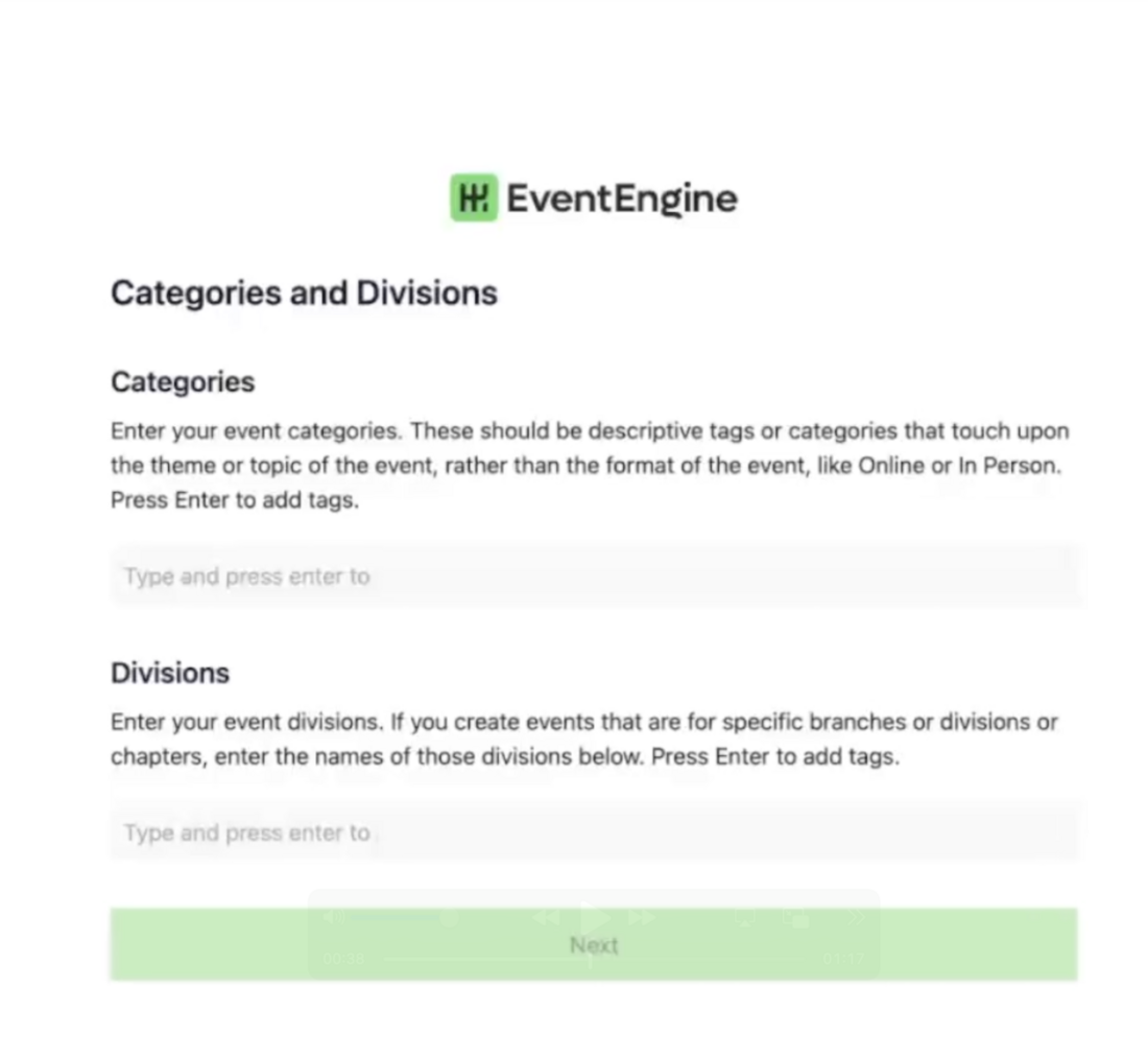 Categories and Divisions setup screen