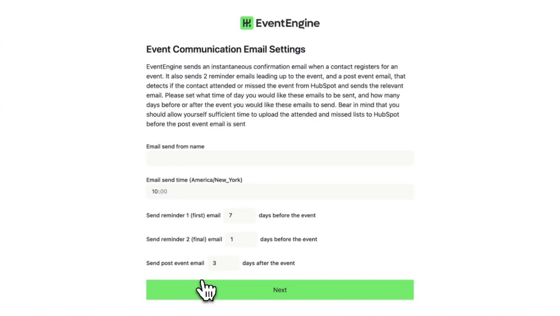 Event Communication Email Settings screen