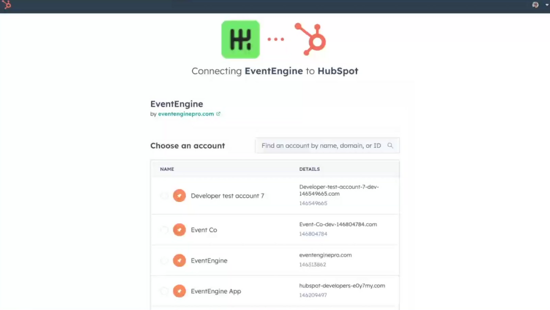 Connecting EventEngine to HubSpot, choose an account