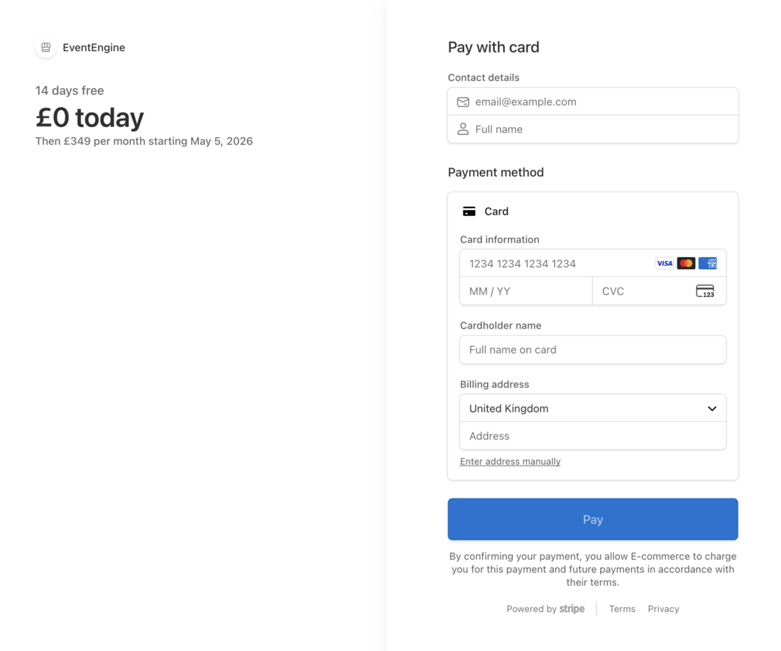 EventEngine 14-day free trial and payment screen